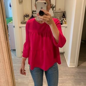 J. Crew Button-back Tiered Bell Sleeve top in Bright Berry | Size XXS